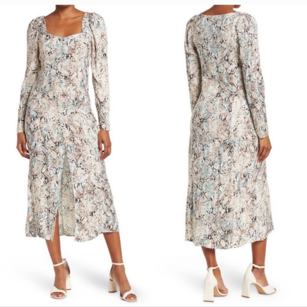 AFRM X NORDSTROM Snake Print Maxi Dress Slit Neutral Aqua Sz Medium Mariska NWT